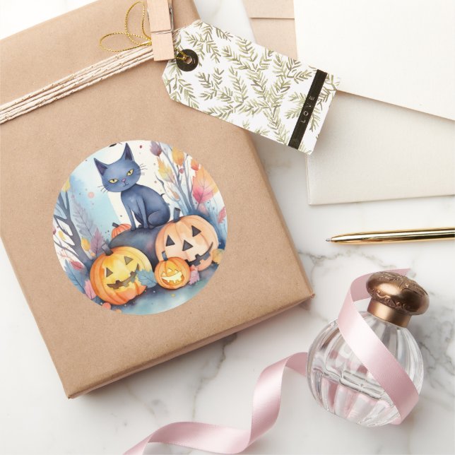 Sticker Rond Halloween Chat Bleu Oriental Avec Peur Citrouille (Cadeaux)