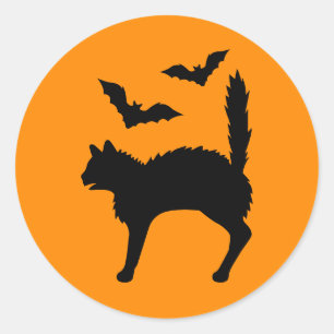 Sticker Rond Halloween Chat Et Chats Silhouette Orange