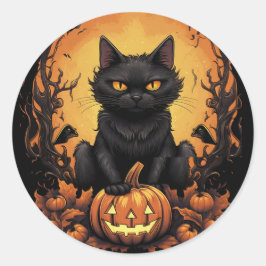 Sticker Rond Halloween | Chat noir et Citrouille