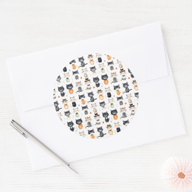 Sticker Rond Halloween chats mignons (Enveloppe)