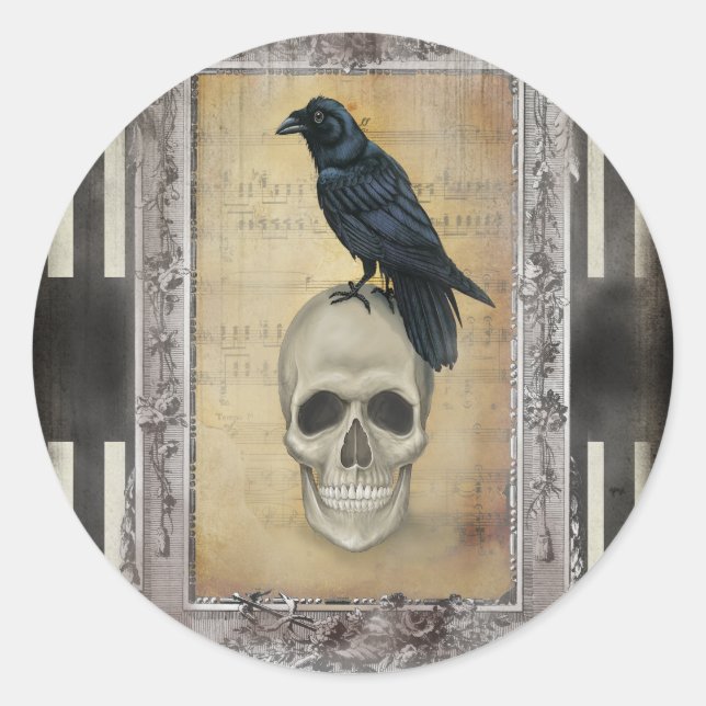 Sticker Rond Halloween corbeau et crâne (Devant)