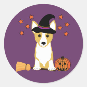 Sticker Rond Halloween Corgi Witch