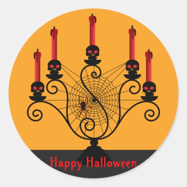 Sticker Rond Halloween Crâne Candelabra et Araignée (Devant)