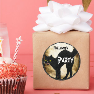Sticker Rond HALLOWEEN Cute Chat Noir Imprimé Parchemin Brûlé