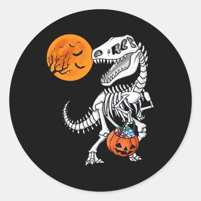 Sticker Rond Halloween Dinosaur T Rex Skeleton Scary Garçons En (Devant)