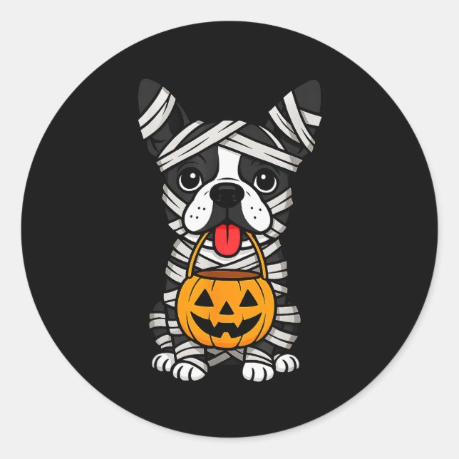 Sticker Rond Halloween Dog Boston Terrier Mummy Costume Men Wom (Devant)