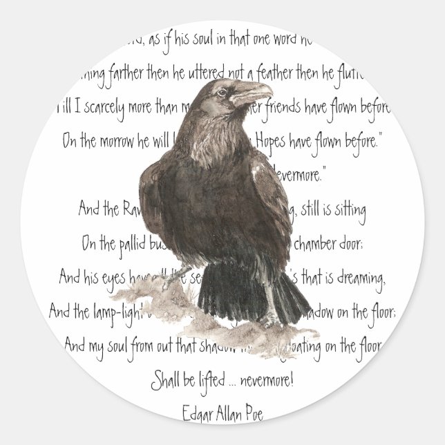 Sticker Rond Halloween, Edgar Allen Poe, Raven, Nevermore (Devant)