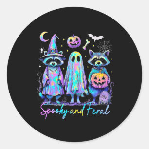 Sticker Rond Halloween éffrayant Et Feral Raccoon Witch Ghost J