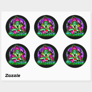Sticker Rond Halloween Éffrayant Green sorcière magique Casquet