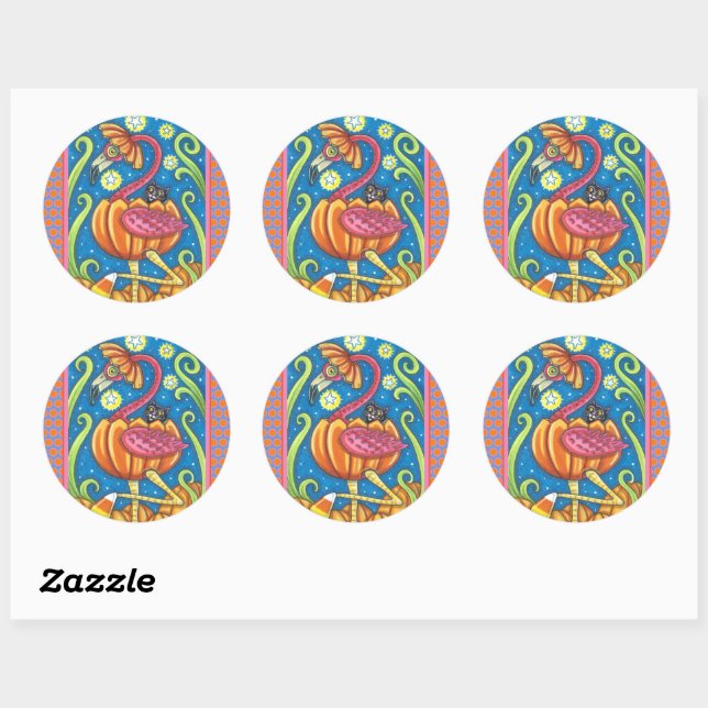 STICKER ROND HALLOWEEN FLAMANT ROSE ROSE & CHAT NOIR EN CITROUI (Feuille)