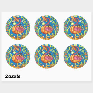STICKER ROND HALLOWEEN FLAMANT ROSE ROSE & CHAT NOIR EN CITROUI