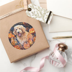 Sticker Rond Halloween Goldendoodle avec la peur Citrouille