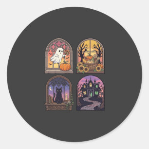 Sticker Rond Halloween Gothique Fenêtre Fantôme Citrouille Chat