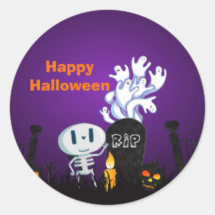 Sticker Rond Halloween Graveyard Éffrayant Cute Skeleton & Ghos