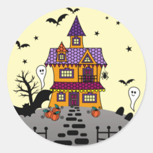 Sticker Rond Halloween Maison hantée Noir chauve Pleine lune Fa