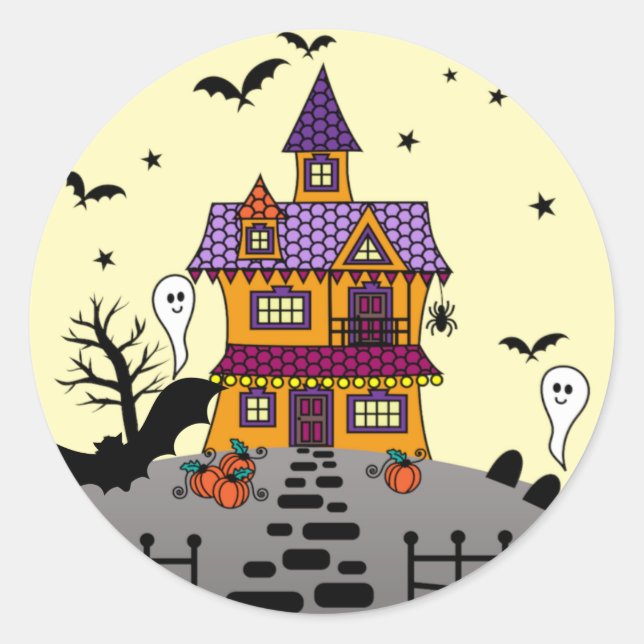 Sticker Rond Halloween Maison hantée Noir chauve Pleine lune Fa (Devant)
