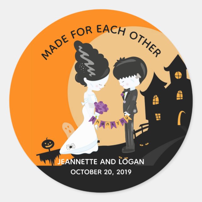 Sticker Rond Halloween Mariée Frankenstein Mariage Merci Cl (Devant)