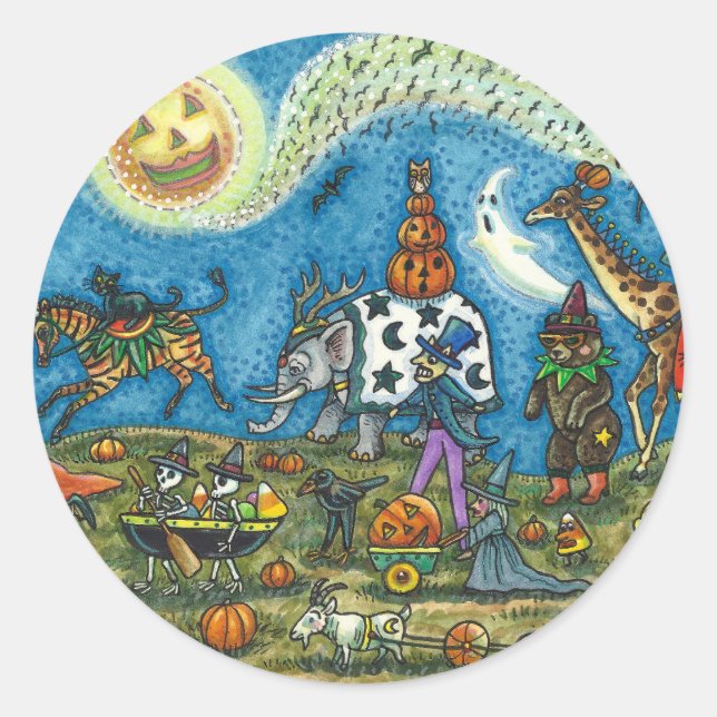 Sticker Rond HALLOWEEN PARADE Sorcière Giraffe Ours Zèbre (Devant)