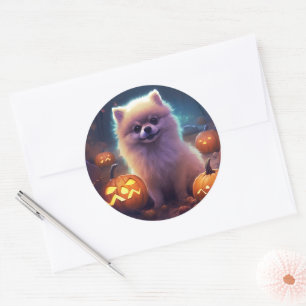 Sticker Rond Halloween Poméranien Avec La Peur Citrouille