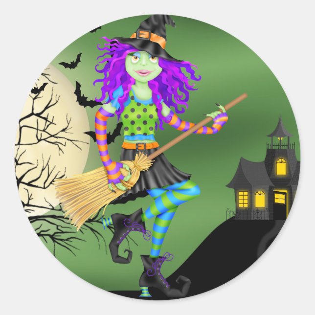 Sticker Rond Halloween Rocking Witch - SRF (Devant)