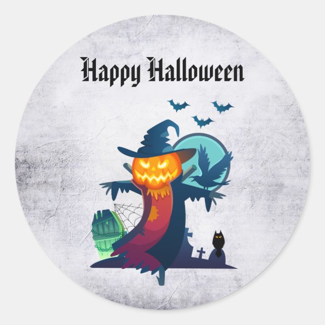Sticker Rond Halloween Scarecrow With Bats Crow and Owl (Devant)