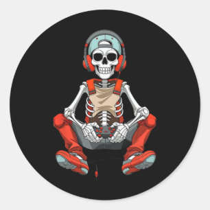Sticker Rond Halloween Skeleton Gamer Funny Video Gaming Boys M