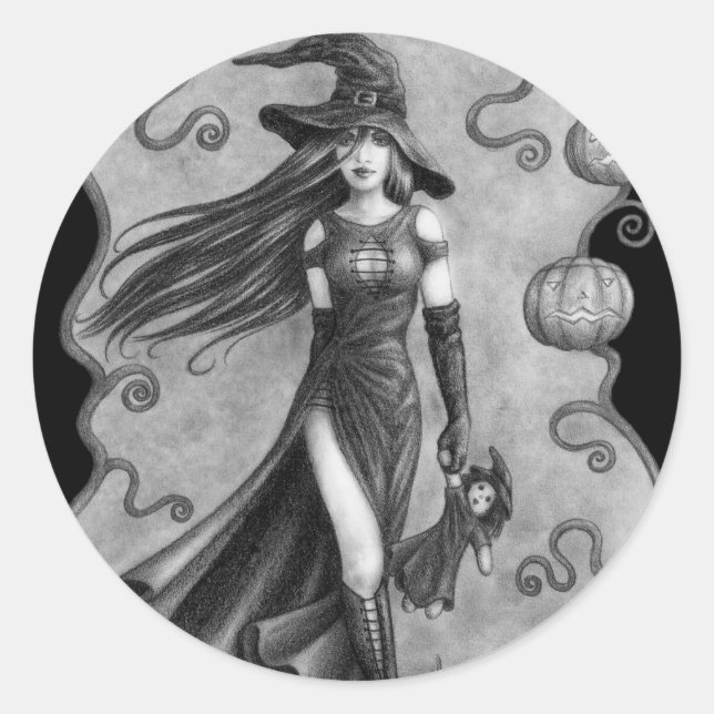 Sticker Rond Halloween sorcière et poupée (Devant)