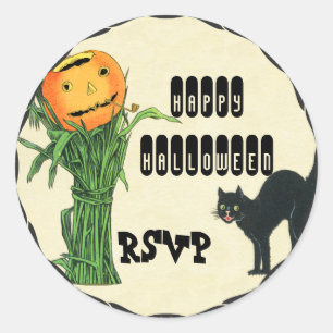 Sticker Rond HALLOWEEN TÊTE CITROUILLE Cornstalk et Chat noir