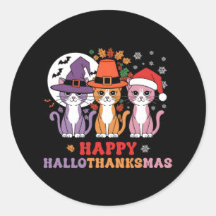 Sticker Rond Halloween Thanksgiving Noël Chats Happy Hallot