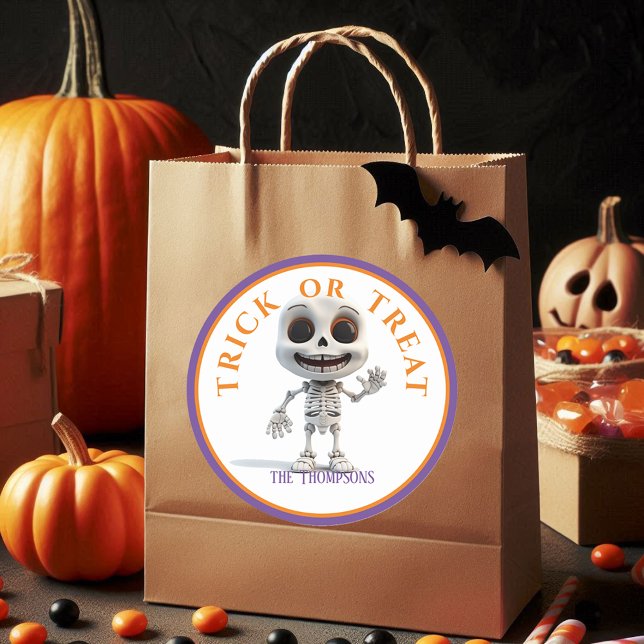 Sticker Rond Halloween Tricoter ou traiter Big Head Skeleton (Créateur téléchargé)