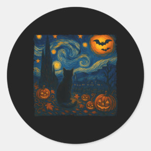 Sticker Rond Halloween Van Gogh Nuit Étoilée Chat Noir Citrouil