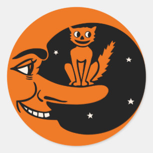 Sticker Rond Halloween vintage - Chat dans la lune