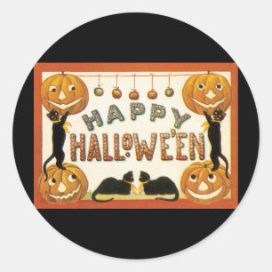 Sticker Rond Halloween vintage, Chats noirs avec Jackolanterns