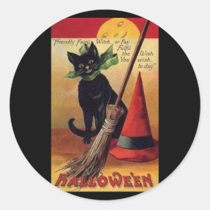 Sticker Rond Halloween vintage par Ellen Clapsaddle, Chat noir