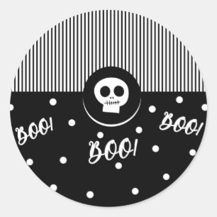 Sticker Rond Halloween Whimsical Boo Skull Black & White Party