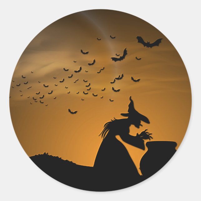 Sticker Rond Halloween Witch et Cauldron avec chauves-souris (Devant)