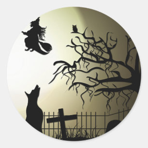 Sticker Rond Halloween Witch et Howling Dog