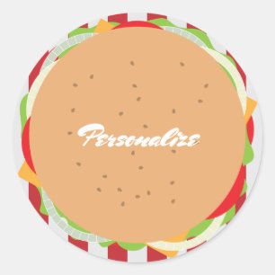 Sticker Rond Hamburger cheeseburger mignon café rayé rouge blan