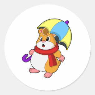 Sticker Rond Hamster à la pluie avec parapluie