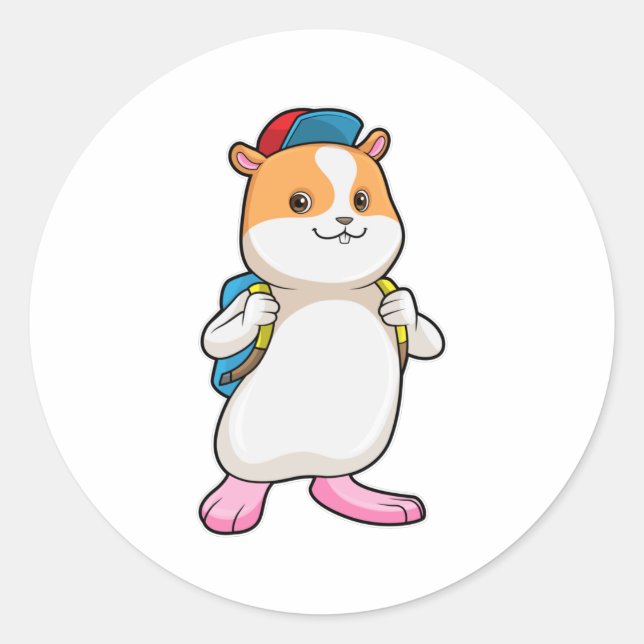 Sticker Rond Hamster en tant qu'étudiant avec sac à dos et Casq (Devant)