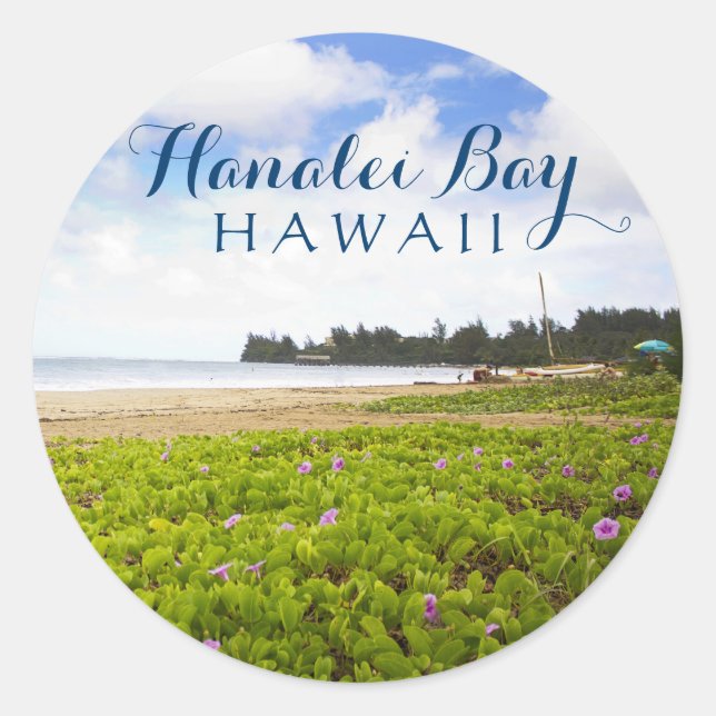 Sticker Rond Hanalei Bay, Kauai Hawaii Beach Flowers (Devant)
