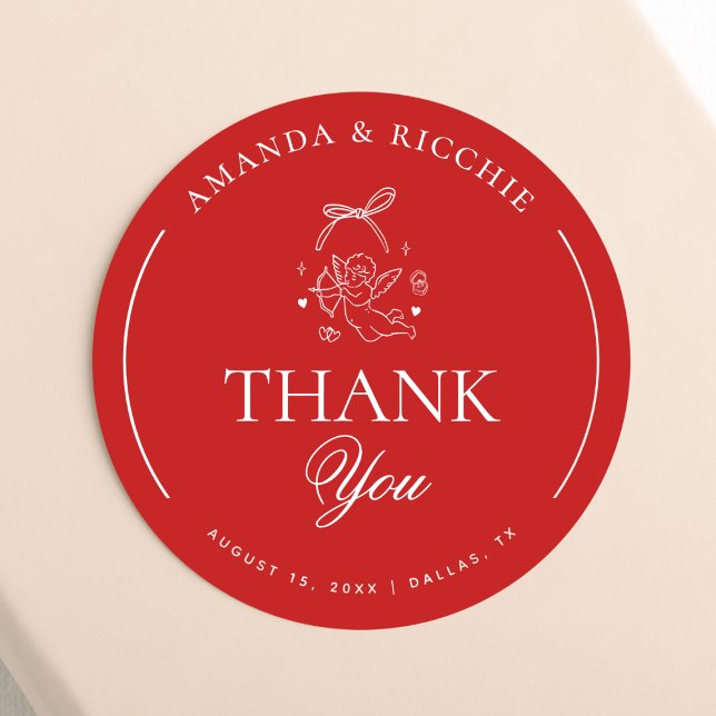 Sticker Rond Hand Drawn Cupid Cherub Red Wedding Thank You (Créateur téléchargé)