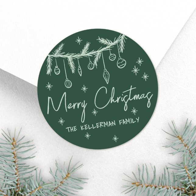Sticker Rond Hand Drawn Green Merry Christmas (Hand Drawn Green Merry Christmas Classic Round Sticker)