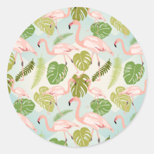 Sticker Rond Hand drawn pink flamant and monstera leaves. Seam