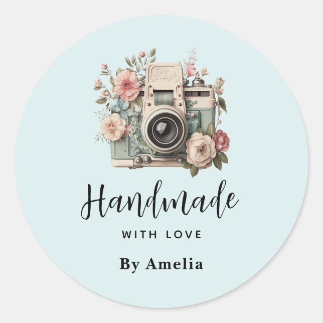 Sticker Rond Handmade with Love Camera with Flowers Retro (Devant)