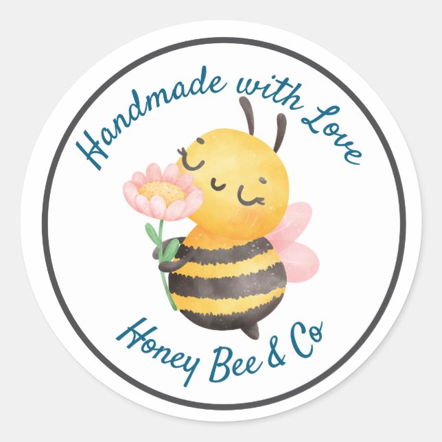 Sticker Rond Handmade with Love. Cute Bee Personalized (Devant)