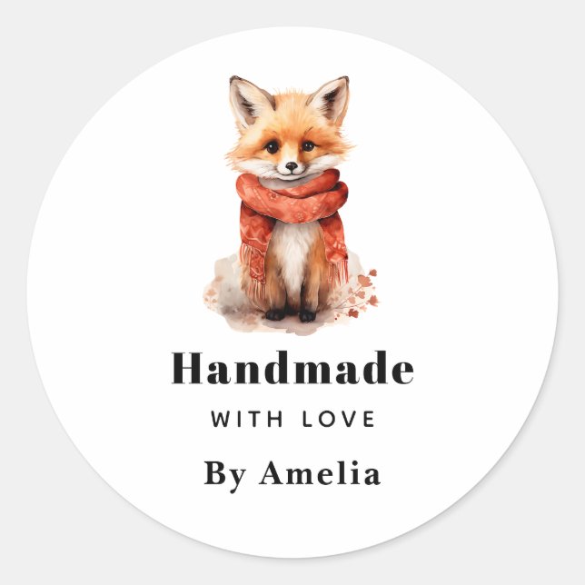Sticker Rond Handmade with Love Cute Fox Pup in a Red Scarf (Devant)