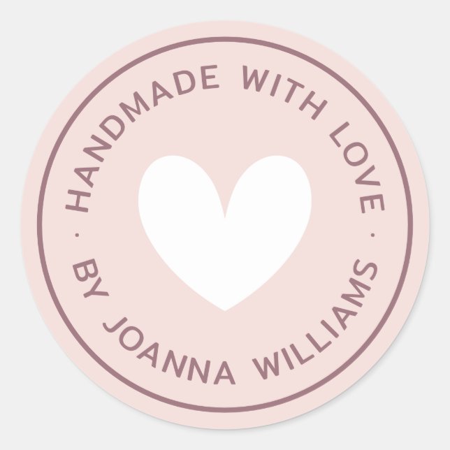 Sticker Rond Handmade with love heart name light blush pink (Devant)
