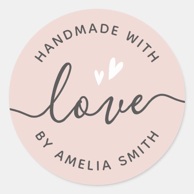 Sticker Rond Handmade with love hearts name light blush pink (Devant)