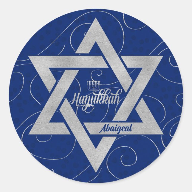 Sticker Rond Hanoukka Star of David avec Blue avec nom (Devant)